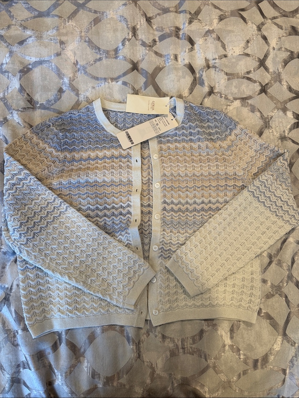 Light Blue & Cream Wave Knit Cardigan by COWA